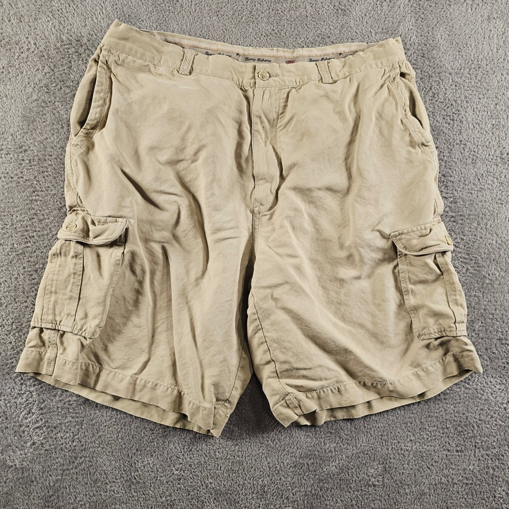 Tommy Bahama 100% Silk Cargo Shorts Mens 36 Tan Khaki Utility Summer Resort